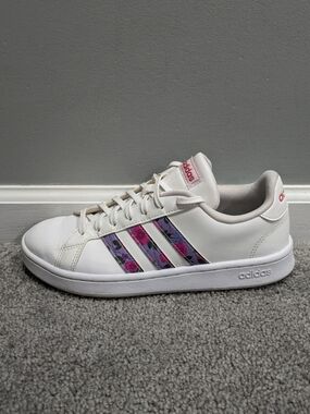 Women's Adidas Sz 8.5 Art Ego Floral Stripe Sneaker Low Top Lace Up Shoes White